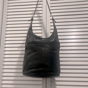 Black leather bucket style purse